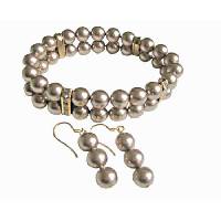 Bronze Pearls Bracele Earrings Jewelry Set Double Strands Swarovski Bronze Pearls Stretchable Bracelet Gold Rondells w/ Earrings
