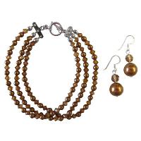 Copper Pearls & Copper Swarovski Crystals Three Stranded Bracelet w/ Earrings Genuine Swarovski Pearls & Crystals Bracelet 
