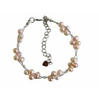 Peach Freshwater Pearls White Pearls 3 Stranded Wire Bracelet 