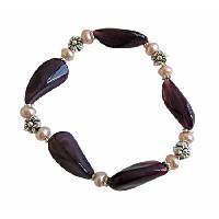 Amethyst Glass Bead Bracelet w/ Freshwater Pearls & Bali Silver Spacer Stretchable Bracelet 