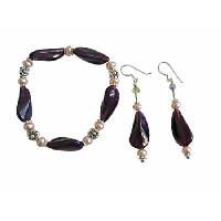 Amethyst Glass Beads Bracelet & Earrings w/ Freshwater Pearls & Bali Silver Fancy Bracelet & Sterling Earrings 