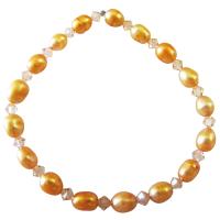 Orange Rice Freshwater Pearls w/ Swarovski Peach Crystals Stretchable Bracelet 