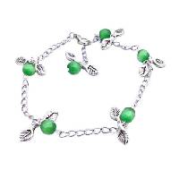 Charm Leave Bracelet Faceted Green Cat Eye Beads Silver Plated Chain Bracelet 