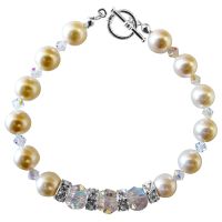 Clear Crystals Cream Pearls Bracelet Swarovski Pearls & Crystals Bracelet w/ Simulated Diamond Silver Rondells