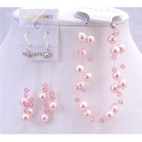 Swarovski Rose Pearls Pale Pink Crystals 3 Stranded Bracelet w/ Dangling Earrings Wedding Bridal Jewelry Bracelet & Earrings