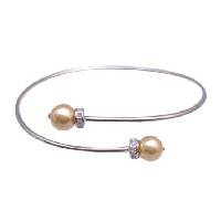 WEdding Silver Cuff Bracelet With Genuine Swarovski Gold Pearls Comfortable Adjustable Wrist Bracelet w/ Diamante