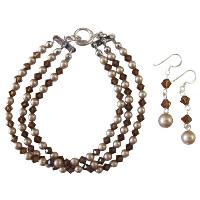 Champagen Pearls Smoked Topaz Crystals Bridal Beautiful Affordable Bracelet & Earrings W/ Swarovski Pearls Crystals 3 Stranded Bacelet & Earrings Clasp Bracelet