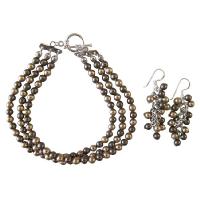 Genuine Jewelry Sleek Dainty Wedding Exclusive For Dress Bronze Brown Combo Bracelet Swarovski Jewelry Bronze Brown Pearls Three Stranded Bracelet & Sterling Earrings & Clasp  Bracelet