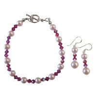 Rosaline Pearls With Fushcia AB Coated Genuine Swarovski Crytals Bracelet & Earrings Set Bridal Bridemaids Affordable Wedding Jewelry Sterling Silver Earrings & Bracelet