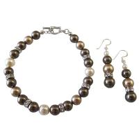 TriColor Swarovski Pearls Bronze Brown & Ivory Pearls Bracelet & Earrings With Silver Rondells That Sparkle Like Diamond Spacer Exclusive Beautiful Gorgeous Bridal Gift Jeewlry