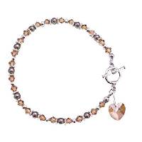 Cute Heart Charm Dangling Bracelet Brown Tone Jewelry Brown Pearls With Smoked Topaz Crystals Valentine Gift Collection Of Genuine Swarovski Pearls & Crystals
