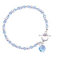 Aquamarine Cute Heart Charm Dangling Bracelet Valentine Gift Heart Bracelet Aqmarine Pearls & Crystals Genuine Swarovski Beads  Pearls & Crystals