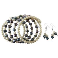 Freswater Pearls Bangle Cream Ivory & Black Sea Freshwater Pearls 5 Stranded Wire Bangle Bracelet New Gogeous Bracelet & Earrings Set