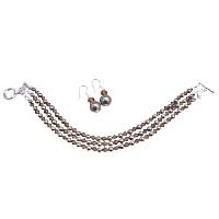 Brown Chocolate Pearls 3 Stranded Bracelet & Earrings SetWith Swarovski Smoked Topaz Crystals Three Stranded Bridal Jewelry