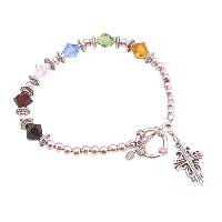 Salvation Bracelet Austrian Crystals Genuine Jet Siam Topaz Peridot Aquamarine & Clear Crystals W/ 92.5 Sterling Silver Cross Dangling Bracelet