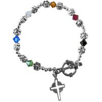 Handmade Salvation Bracelet With Genuine Austrian Crystals Ruby Jet Sapphire Topaz Peridot & Clear Crystals W/ 92.5 Sterling Silver Cross Charm Bracelet