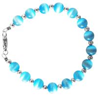 Round Faceted 8mm Blue Cat Eye With Silver Beads Bracelet Bridal Gift Flower Girl Jewelry