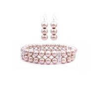 Chep Wedding Jewelry Good Quality Champagne Pearls Double Stranded Bracelet W/ Silver Rondells & Matching Earrings Set