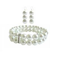 Prom Cheap Wedding Jewelry In White Pearls Double Stranded Stretchable Bracelet With Silver Diamond Spacer & Matching Earrings