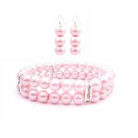 Bridemaids Gift Jewlry In Rose Pink Pearls Double Stranded Bracelet & Earrings Set