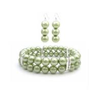 Bridal Wedding Gift Jewelry In Green Pearls Bracelet & Earring Inexpensive Jewelry