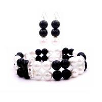 Prom Jewelry Flower Girls Double Stranded Bracelet In  Black & White Pearls Matching Earrings