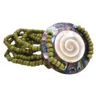 Shiva Eye Round Shell w/ 7 Stranded Olivine Beads Stretchable Bracelet