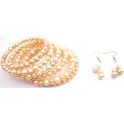 Bridesmaid Peach Jewelry Freshwater Pearls Wrap Bracelet Earrings Set