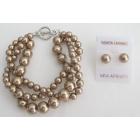 Swarovski Bronze Crystal Pearl 3 Strand Bracelet Matching Stud Earrings Bridal Wear
