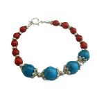 Handcrafted Bracelet Turquoise Coral Red Bead w/ Oxidized Bead Meta
