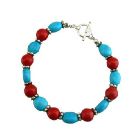 Handmade Flat Autumn Oval Turquoise & Coral Round Faceted Beads Bracelet w/ Toggle Clasp