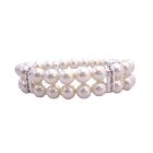 Double Strands Cream Pearls Stretchable Bracelet w/ Silver Rondells