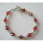 Sterling Silver Siam Red Swarovski Crystals Bracelet w/ Silver Beads & Daisy Spacer