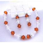 Burnt Orange Crystal & Clear Crystal Bracelet Earrings Swarovski Crystal w/ Silver Rondells