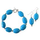Turquoise Oval Beads Bracelet Earrings Set w/ Silver Beads Spacer Bracelet