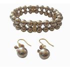 Double Strands Swarovski Bronze Pearls 8mm Stretchable Bracelet And Earrings w/ Gold Rondells Bridesmaid Jewelry Bracelet& Earrings Sets