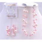 Swarovski Rose Pearls Pale Pink Crystals Two Stranded Bracelet w/ Dangling Earrings Wedding Bridal Jewelry Bracelet & Earrings