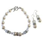 Clear Crystals w/ Ivory Pearls Bracelet & Earrings w/ Silver Rondells