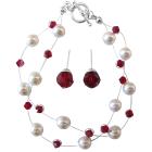 Bridesmaid Bracelet White Pearls & Siam Red Crystals Stud Earrings