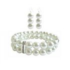 Prom Cheap Wedding Jewelry In White Pearl Double Stranded Stretchable Bracelet with Silver Diamond Spacer & Matching Earrings