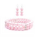 Bridesmaid Gift Jewelry In Rose Pink Pearls Double Stranded Bracelet & Earrings Set
