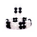 Prom Jewelry Flower Girls Double Stranded Bracelet In Black & White Pearls Matching Earrings