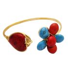 Classy Gold Cuff Bracelet with Turquioise & Coral Stones Embedded In Flower Shape