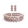 Bridesmaid Bracelet & Earrings Simulated Brown Pearl Double Stranded Stretchable w/ Silver Rondells