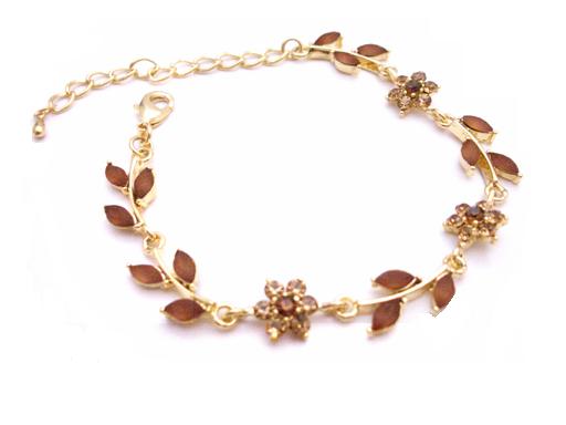 Gold Plated Bracelet w/ Enamel Smoked Topaz Crystals Brown Bracelet