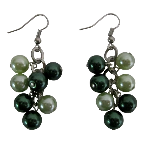Lite & Dark Green Pearls Earrings Inexpenisve Pearls Bunches Earrings