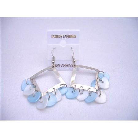 Aquamarine Blue Heart Dangling Diamond Frame Chandelier Earrings
