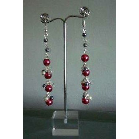 Chandelier Earrings Cultured Pearls Red D.Grey & Cream Colors Earrings