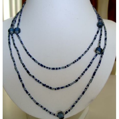 Long Necklace Blue Bead Chain Beaded Jewelry