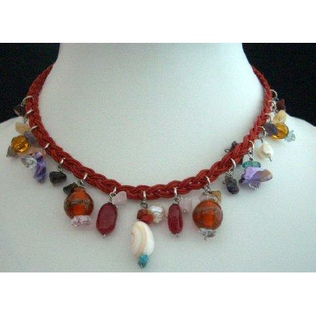 Shell Choker In Red Knitted Thread w/ Hanging Bead Necklace
